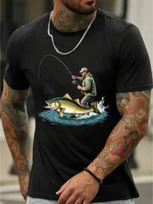 Men's Summer T-Shirt, Plus Size, With Fishing Print, Jumping Fish And Fisherman, Casual Short Sleeve T-Shirt, Modern Urban Clothing For Men - 軍綠色 - 查看 1