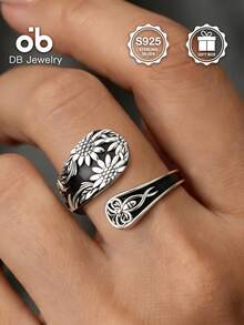 Vintage Sunflower Pattern Spoon Ring, Adjustable Open Band, 925 Sterling Silver Bohemian Style Celtic Knot Niche Design Hand Jewelry, Daily Wear, Valentine's Day Gift Box - Sunflower Spoon Ring - View 5