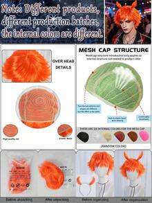 Peluca sintética naranja vibrante, corta, esponjosa, con capas, recta, despeinada y puntiaguda, con accesorio de diadema con forma de cuerno desmontable, para hombre y mujer, anime cosplay, con flequillo, kit de peluca para fiesta de disfraces, espectáculo en escenario, atuendo temático y sesión de fotos - Naranja - Ver 9