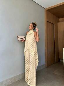 Women's Summer Casual Retro Polka Dot Apricot Halter Neck Sleeveless Top And Wide Leg Pants 2-Piece Set, Holiday Beach Outfit - Apricot - View 7