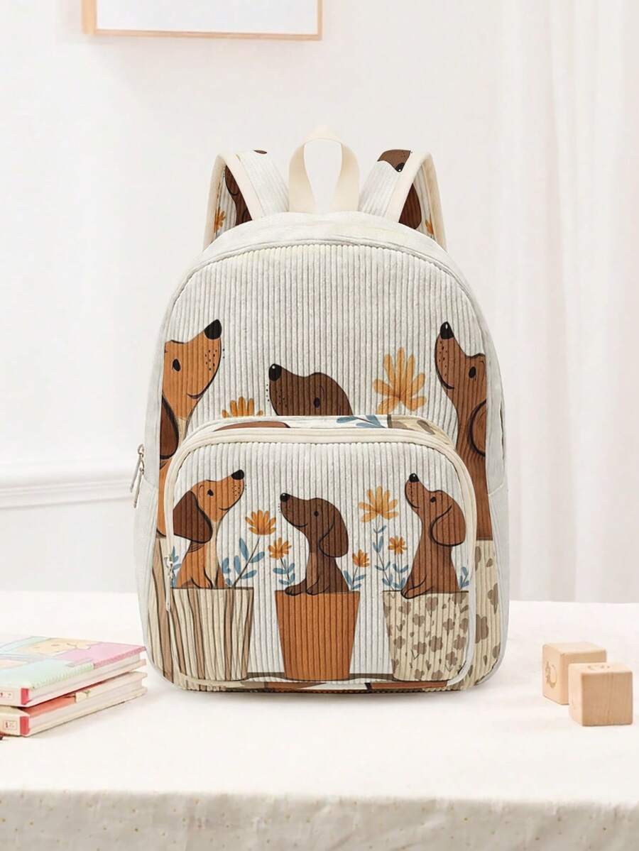 1pc Backpack, Children's Backpack, Corduroy Girl's School Bag, Travel Storage Bag, Animal & Cherry Print Design, Large Capacity Foldable Easy Storage Bag, Lightweight Burden Reduction, Multi-Pocket Layered Design + Zipper Closure, Organized Storage For Easier Access, Suitable For Student School Bag - Multicolor - View 1