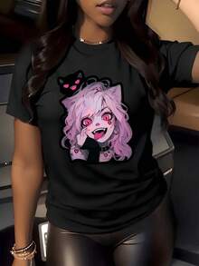 1 Piece Of Cat Girl Anime Graphic Print T-Shirt, 180g, Pink Hair Theme, Women's Casual Style, Round Neck, 100% Cotton, Harajuku Aesthetic Style. - 黑色 - 查看 1