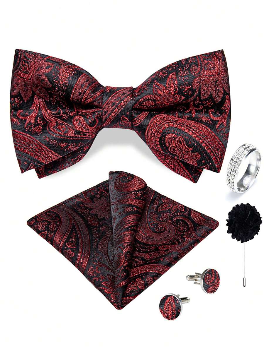 5Pcs Red Paisley Jacquard Men Accessory Set, Bow Tie Pocket Square Cufflinks Ring Boutonniere, Random Cufflink Patterns, For Groom Wedding - Red - View 1