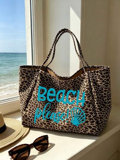 Large Capacity Leopard Print Beach Tote Bag With BEACH And Shell Pattern, Fashionable Shoulder Bag, Leopard Print Makeup Bag Coin Purse, Foldable Handbag, Summer Essential Travel Bag, Ideal For Beach Trips, Pool Parties, Shopping And Daily Use, Suitable For Women, Teenagers, College Students, Office Workers, Travelers And Beach Lovers, Perfect For Summer, Back To School, Graduation Season, Gift Giving, Multi-Functional, Can Be Used As Beach Bag, Shopping Bag And Underarm Bag, Bookbag