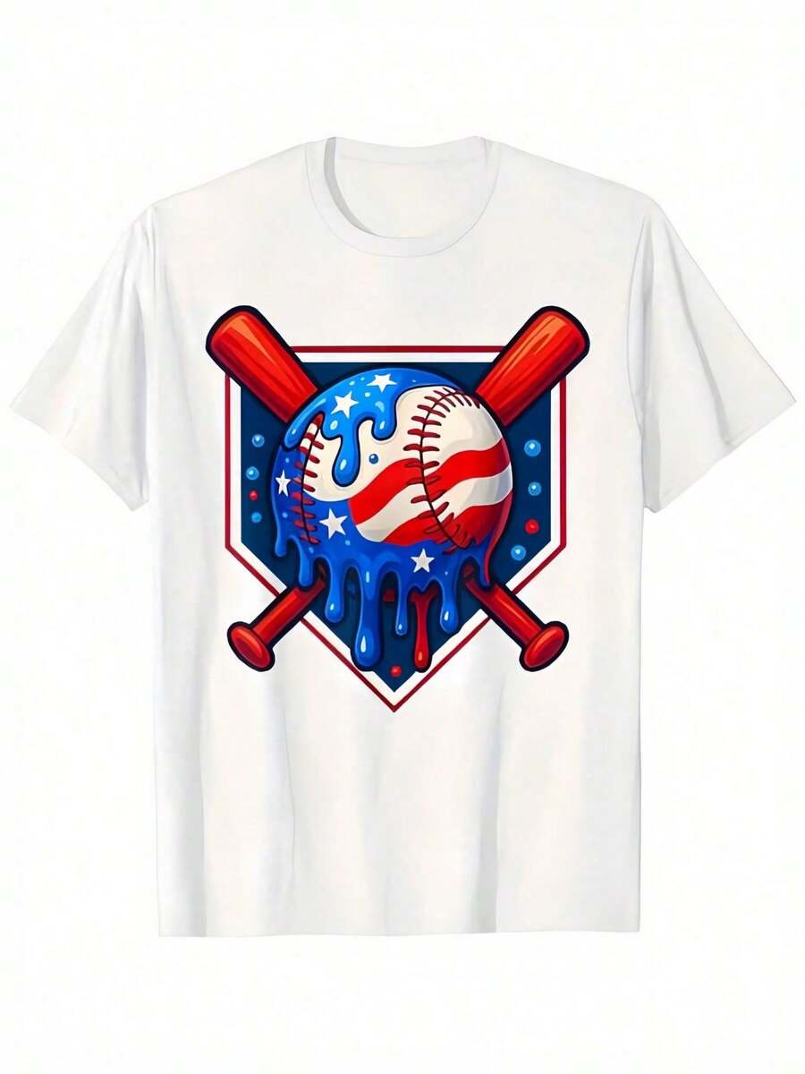 ripping Baseball Print White TShirt, Crew Neck, Casual Cotton Tee, Medium Stretch Knit Fabric, Regular Fit For Boys& Girls Children, USA Flag Pattern, For Spring/Summer/Fall Independence Day - Blanco - Ver 1