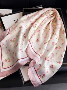 1pc Women's Elegant Vintage Printed Slim Satin Square Faux Silk Scarf, Bohemian Retro Casual Neck Scarf Shawl, Lightweight And Comfortable - Pink - View 5
