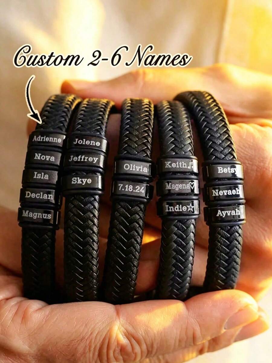 1pc Personalized Men's Name Beaded Leather Bracelet, Customized Gift For Father's Day, Birthday Gift For Dad, Husband, Boyfriend, Black Bracelet, Gift For Him, Wristbands - Black - View 1