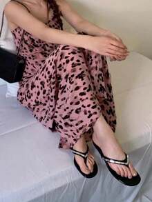 法式風格女款夏季新款皮革腳趾環細高跟涼鞋，附後背帶小貓跟夾腳拖鞋 - 黑色 - 查看 2