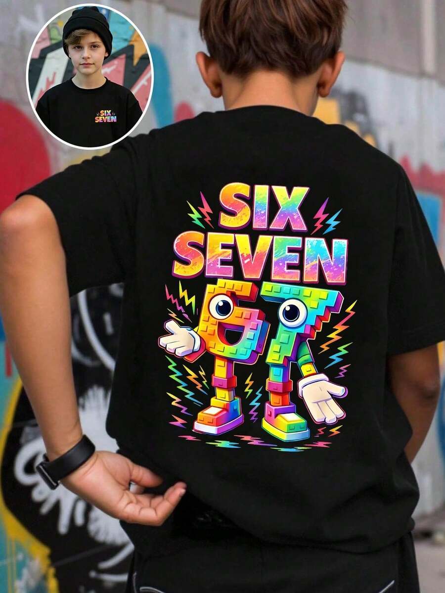 Streecool Kids' Casual And Creative T-Shirt With Digital, Cartoon, And Lightning Bolt Designs. Comfortable Short-Sleeved Basic T-Shirt For Spring, Summer, And Fall. Size 5T. - Black and White - View 1