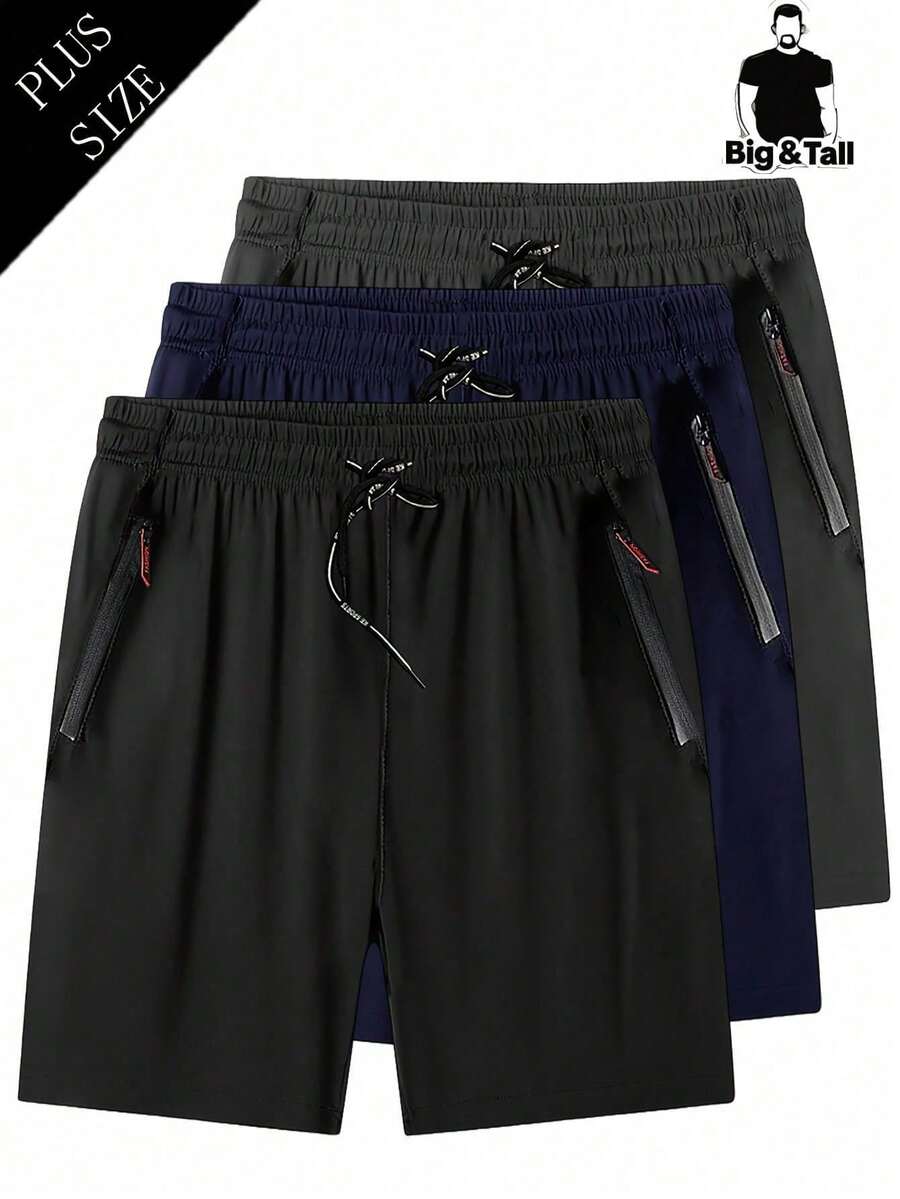 Pantalones cortos para hombre de talla grande, pantalones de pierna recta elástica de 5 pulgadas para verano, unicolor, bolsillos con cremallera, cordón, ligeros, deportes, correr, fitness