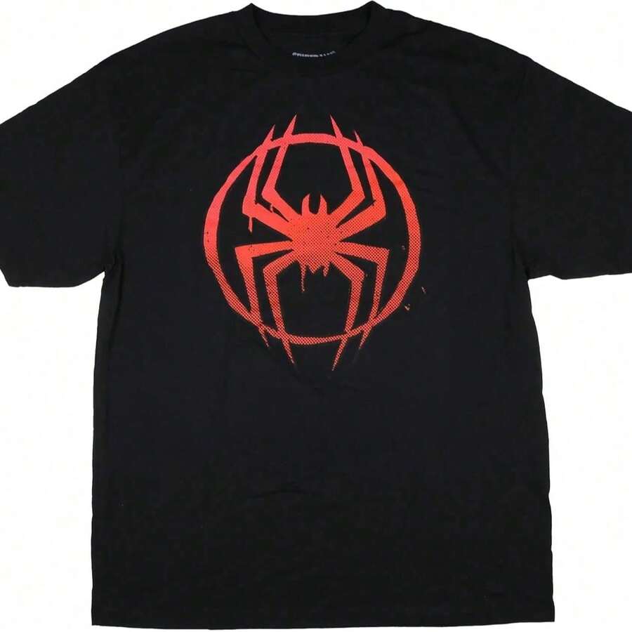 Loose Fit T-Shirt With Spider Emblem Design, Short Sleeve, Round Neck, Streetwear, Casual, Vintage Style, Urban Rock, Retro, Alternative Summer - 黑色 - 查看 1