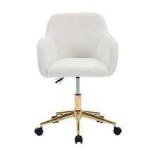 002 - Modern Swivel Office Chair In Plush-Effect Fabric, Height Adjustable, 360° Swivel, Gold Legs, For Office And Home Office, White - Ivory White - View 5