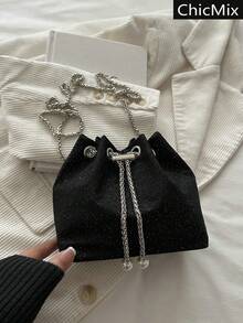 Bolso de cubo cruzado de unicolor con cordón y tejido calado, bolso pequeño, bolso de playa - Negro 5 - Ver 2