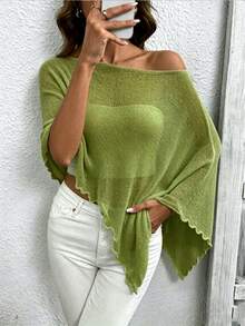Atasan Rajut Model Cape Kasual Warna Polos Asimetris untuk Wanita Ukuran Plus, Cocok untuk Musim Panas. - Hijau - View 7
