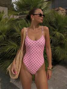 Women's Polka Dot Spaghetti Strap One-Piece Swimsuit, Suitable For Beach Vacation, Pool Party, Beach Party - Multicolor - View 2