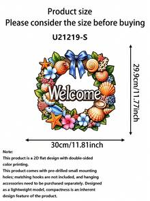 1 pieza Letrero de metal plano 2D "Bienvenido" - Placa de corona de conchas bohemia para la puerta principal, adecuada para decoración del hogar, adorno de habitación, decoración de jardín exterior, exhibición de número de casa, arte de pared de entrada, regalo ideal para familiares y amigos para inauguración de casa o cumpleaños - corona WL - Ver 5
