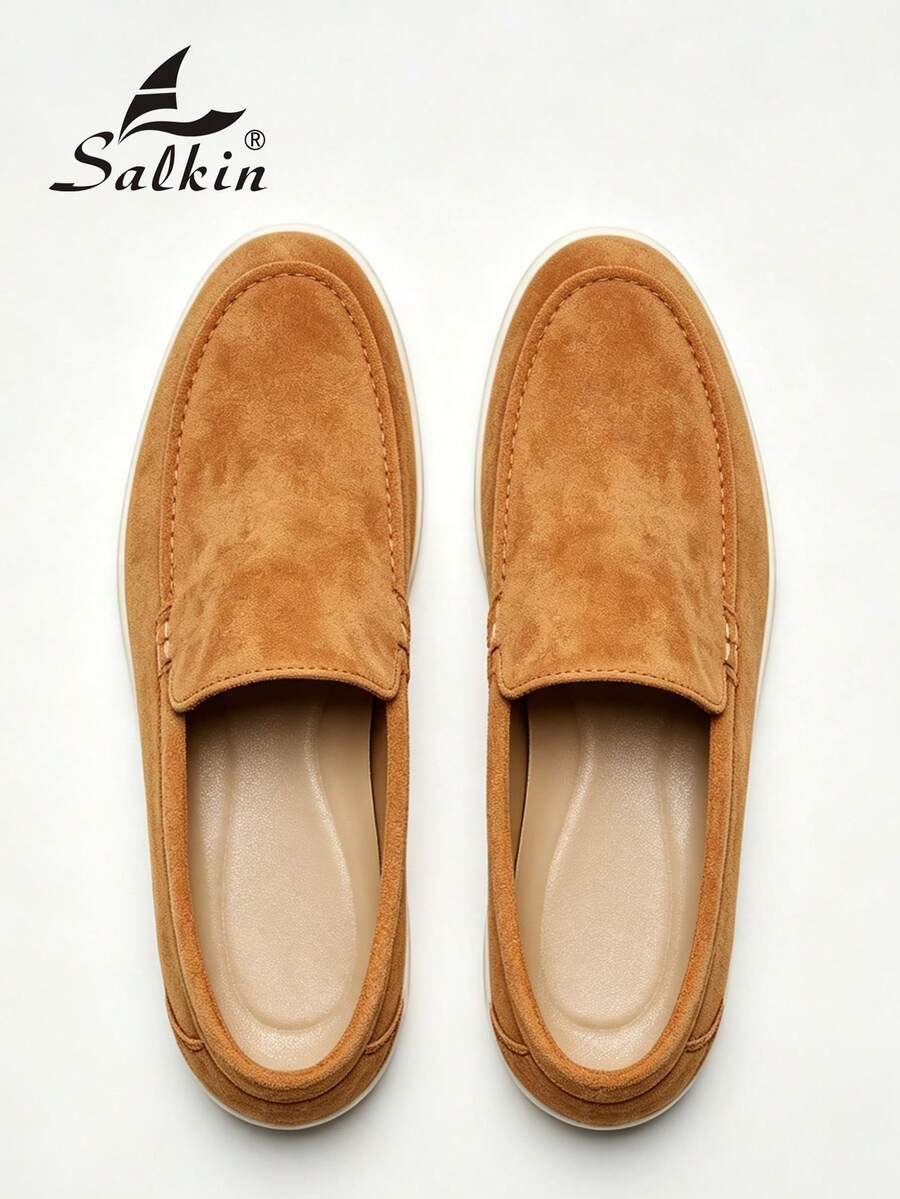 Salkin 經典時尚設計師男士一腳蹬樂福鞋,純色人造麂皮莫卡辛休閒鞋,平價品牌質感,柔軟舒適透氣防滑耐磨平底休閒鞋,時尚西裝百搭學生返校畢業典禮大學風商務正裝鞋,男士辦公室派對宴會婚禮新郎鞋,春夏秋季大尺碼男鞋,多色可選,尺碼偏小,請選擇大一號 - 棕色 - 查看 1