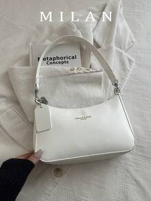 2026 Nuevo bolso de hombro/cruzado de moda clásico con diseño de cadena metálica y estampado de letra en PU impermeable. Adecuado para compras, uso diario, estudiantes, mujeres jóvenes y d - Beis 3 - Ver 3