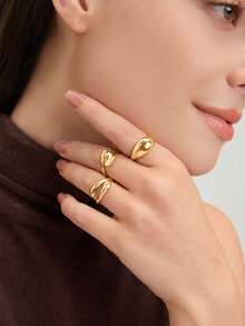 Ashenrae 3pcs/Set Women's Personalized Adjustable Street Hip-Hop Style Rings, Suitable For Daily Wear - Yellow Gold - View 3