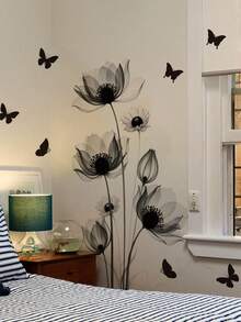 1pc Ink Wash Poppy Black Tone Translucent Floral Butterfly Wall Decor Sticker, Removable Room Wall Decal For Bedroom, Living Room, Entryway - 1PC - View 3