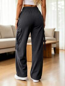 Women's New Solid Color Woven Fabric Drawstring Long Pants, Suitable For Daily, Home, Office, Spring, Summer, Autumn Wear - Dark Grey - View 2
