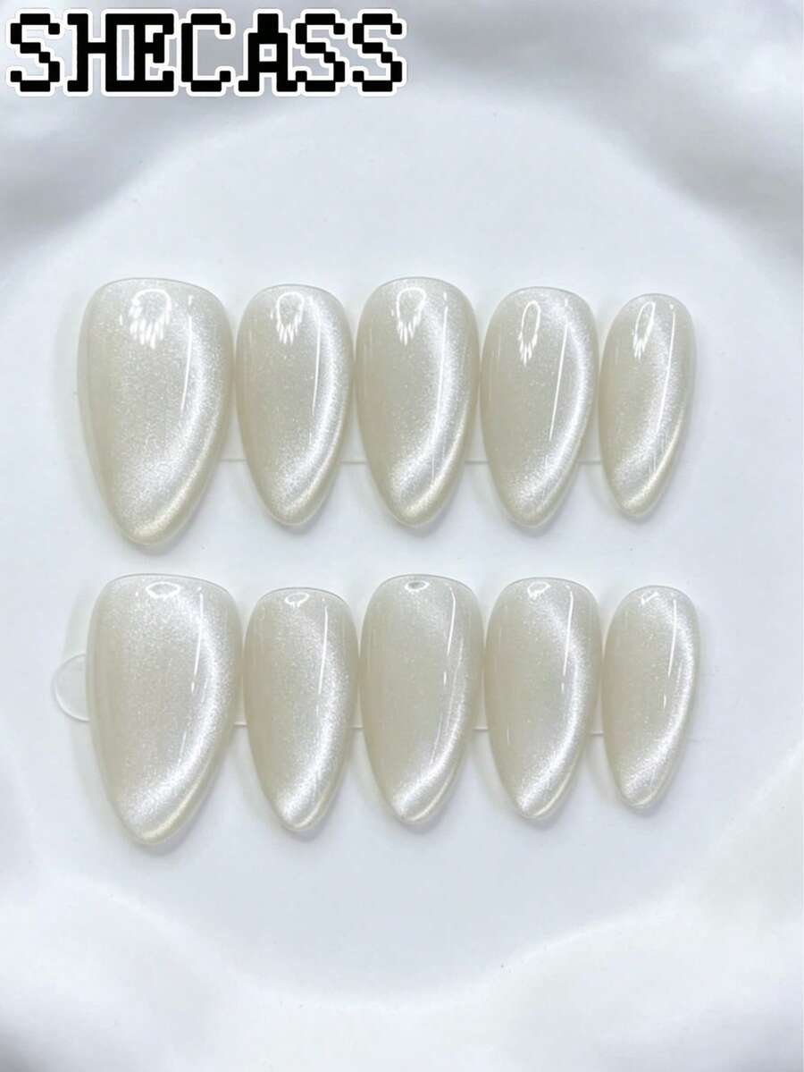 Shecas 杏仁形奶油白珍珠貓眼穿戴式假指甲,亮面閃耀珍珠米色,優雅中性色可重複使用美甲套組,適合日常穿戴、婚禮、萬聖節、Cosplay、美甲派對、開學季、夏季畢業、Y2K 節日禮物 - 彩色 - 查看 1