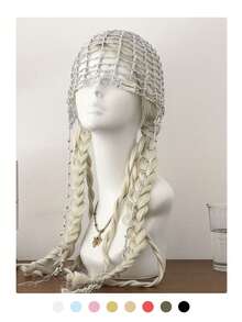 1pc Handmade Beaded Knit Hat, Women's Retro Hollow For Photo Shooting, Boho Chic Headwear, Pure Handmade Beaded Knit Hat, Women's Fashionable Retro , Hollow Out Beaded Tassel Headwrap, Summer Thin Breathable Face-Slimming Beanie - White Label Silver Beads Wide Pattern - View 3
