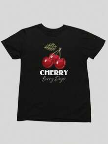 Camiseta básica   con estampado de cerezas, manga corta, cómoda y ligera. Elección perfecta de regalo de cumpleaños o festividad pra amigos, familiares, novio o novia - Negro - Ver 1