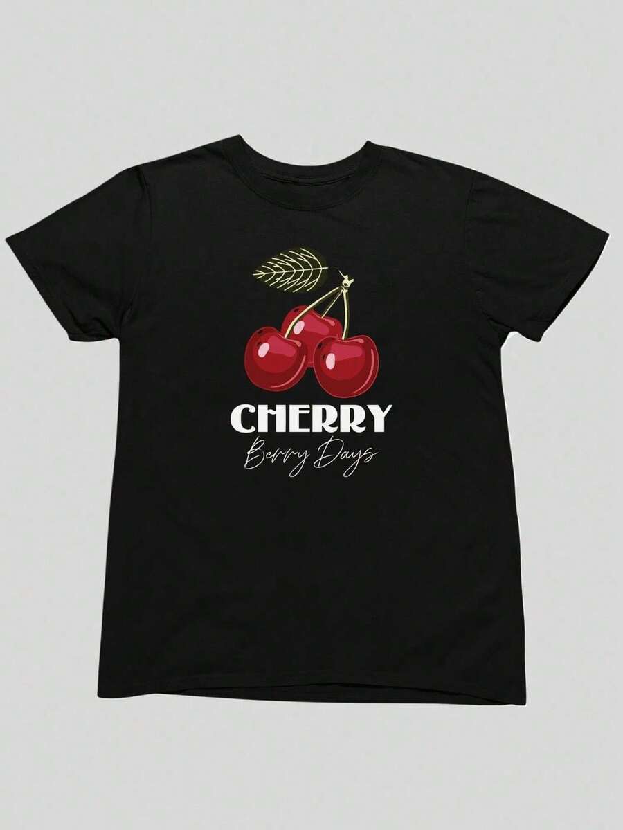 Camiseta básica con estampado de cerezas, manga corta, cómoda y ligera. Elección perfecta de regalo de cumpleaños o festividad pra amigos, familiares, novio o novia - Negro - Ver 1
