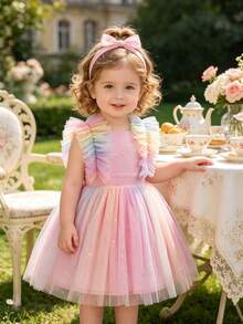 Infant Girls Elegant Cute Star Ruffle Mesh Princess Dress, Formal Gown For Birthday Party, Flower Girl, Vacation - Pink - View 3