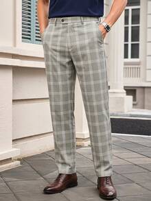 Officeau Celana Setelan Kotak-kotak Kasual Pria, Minimalis - Light Grey - View 1