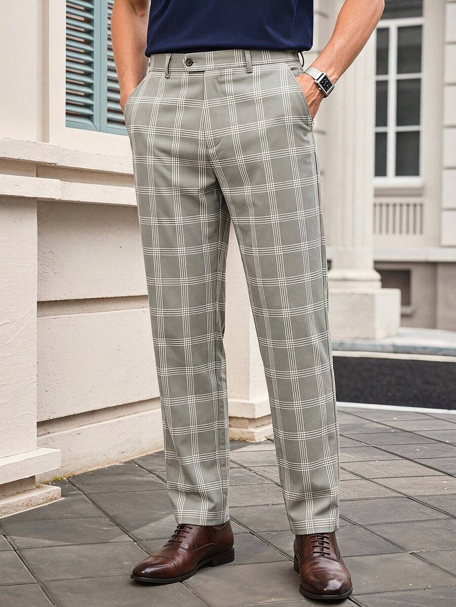 Officeau Celana Setelan Kotak-kotak Kasual Pria, Minimalis - Light Grey - View 1