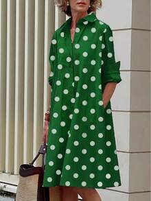 Simple Mid-Length Dress With Sleeves And A European And American Style Print. - 軍綠色 - 查看 1