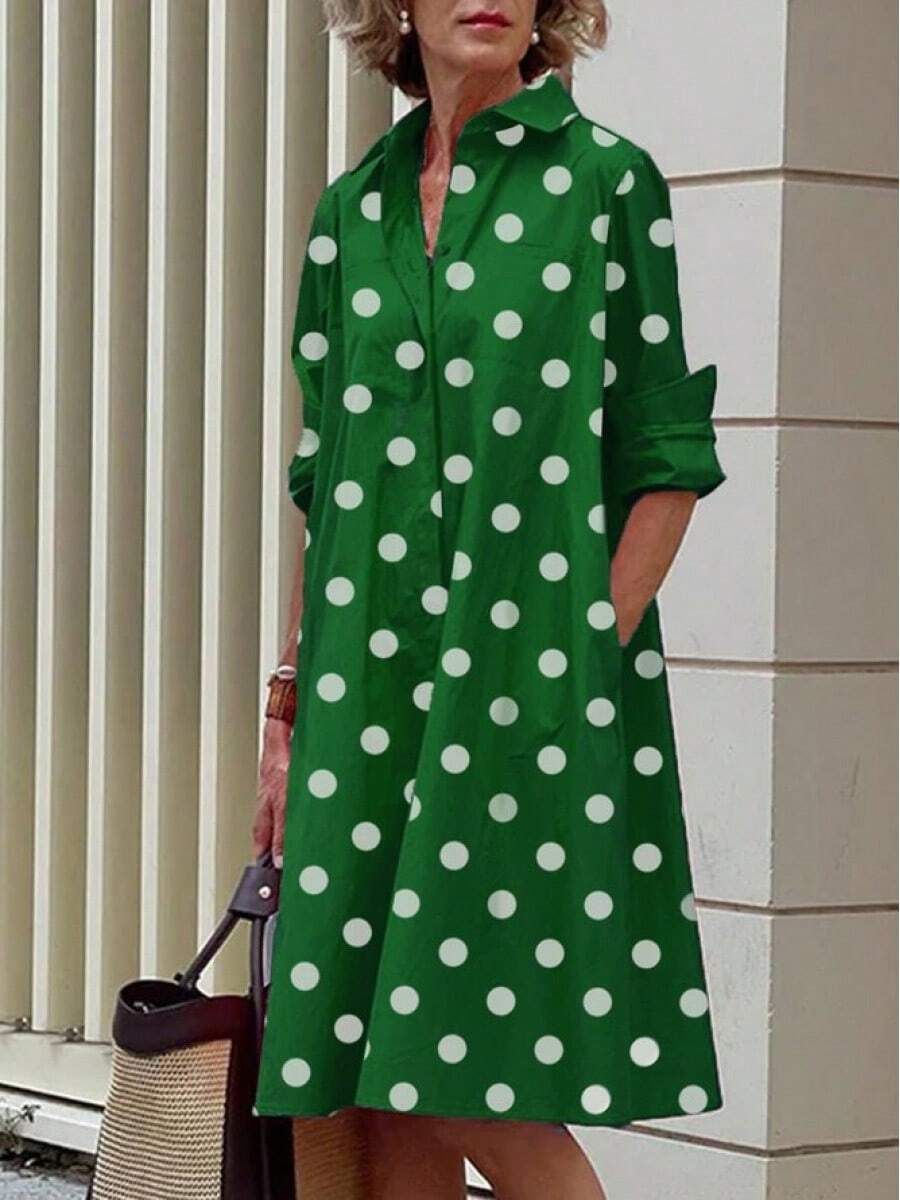 Simple Mid-Length Dress With Sleeves And A European And American Style Print. - 軍綠色 - 查看 1