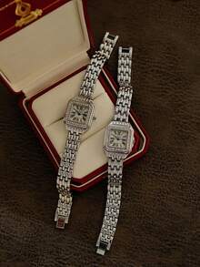 1pc New French Elegant Fashion Rhinestone Waterproof Women's Watch, Retro Casual Exquisite Square Dial Quartz Watch, Stainless Steel Band, Gold And Silver Color Options, Suitable For Daily Life And Outings - Silver - View 9