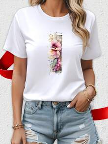 ropa de mujer3388 #   Elegante Camiseta Blanca de Manga Corta para Mujer, Camiseta de Verano a la Moda para Viajes, Citas, Regalo, Vacaciones, Playa, con Estampado Floral, Blusas para Dama C - Blanco - Ver 1