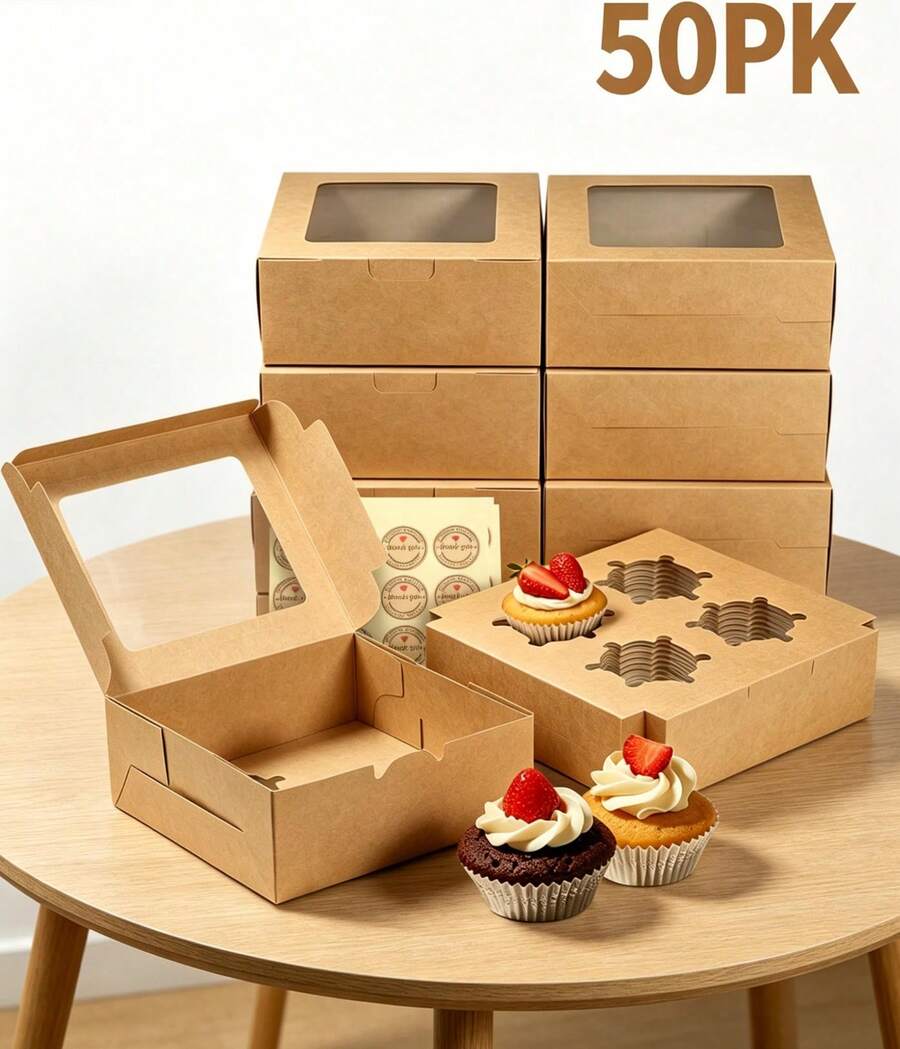 50 Piezas Cajas Para 4 Muffins Con Ventana Transparente Diseño Desmontable Con Ranuras Incluye Pegatinas De Regalo Resistentes Y Fáciles De Armar Ideal Para Repostería Eventos Y Regalos De Cumpleaños - Caqui - Ver 1