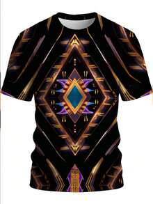 Camiseta con Adorno  Abstracto para Hombre - Diseño Radial Sin Costuras con Diamantes Entrelazados y Detalles de  Angular en Dorado, Morado y Azul Eléctrico, Corte Cómodo con Cu - Negro - Ver 2