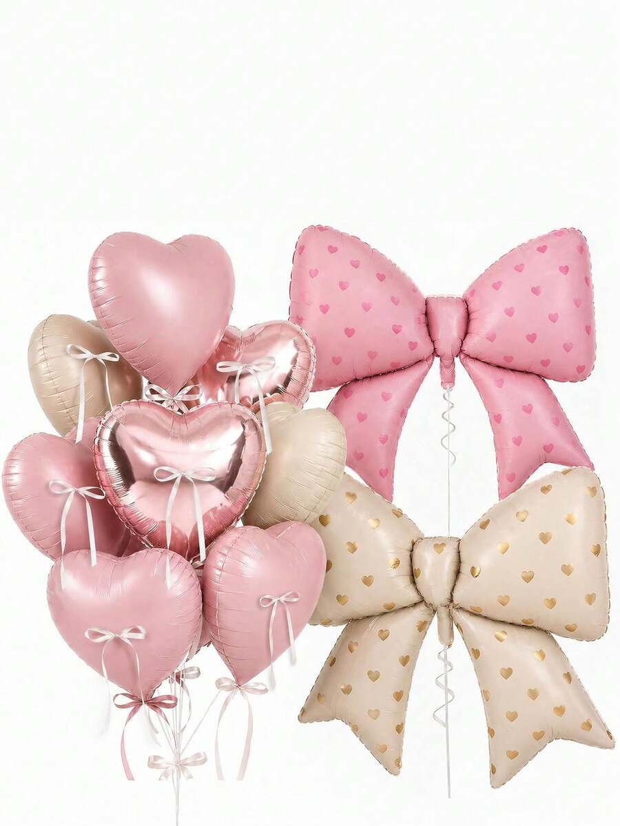 2/10/12/24pcs Pink Cream 18 Inch Heart Shaped Foil Balloons With 38 Inch Heart Shaped Printed Bow Foil Balloons, Suitable For Baby Shower, Gender Reveal, Newborn Party Decoration - Multicolor - View 1
