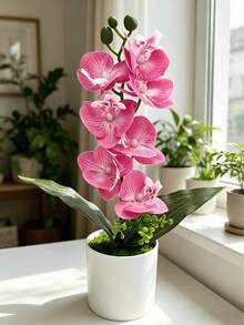 1pc Artificial Phalaenopsis Orchid Potted Plant, Realistic Fake Orchid Flower Bonsai, Silk Artificial Floral Decor, Maintenance-Free Artificial Flower Bonsai, Aesthetic Table Centerpiece Decoration For Living Room, Bedroom, Office, Wedding Garden, Home Desktop - Multicolor - View 6