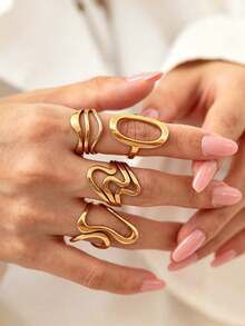 4pcs Fashionable Personalized Geometric Stainless Steel 18K Gold Plated Oil Pressed Ring Set, Suitable For Women's Daily Wear Or Party - Ring Set - View 2