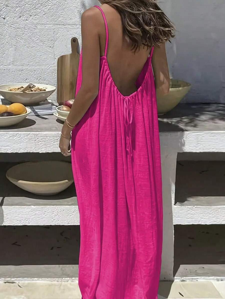 Women's 2026 Strappy Dress, Backless, Loose Fit, For Home Use. - Deep Pink - View 1