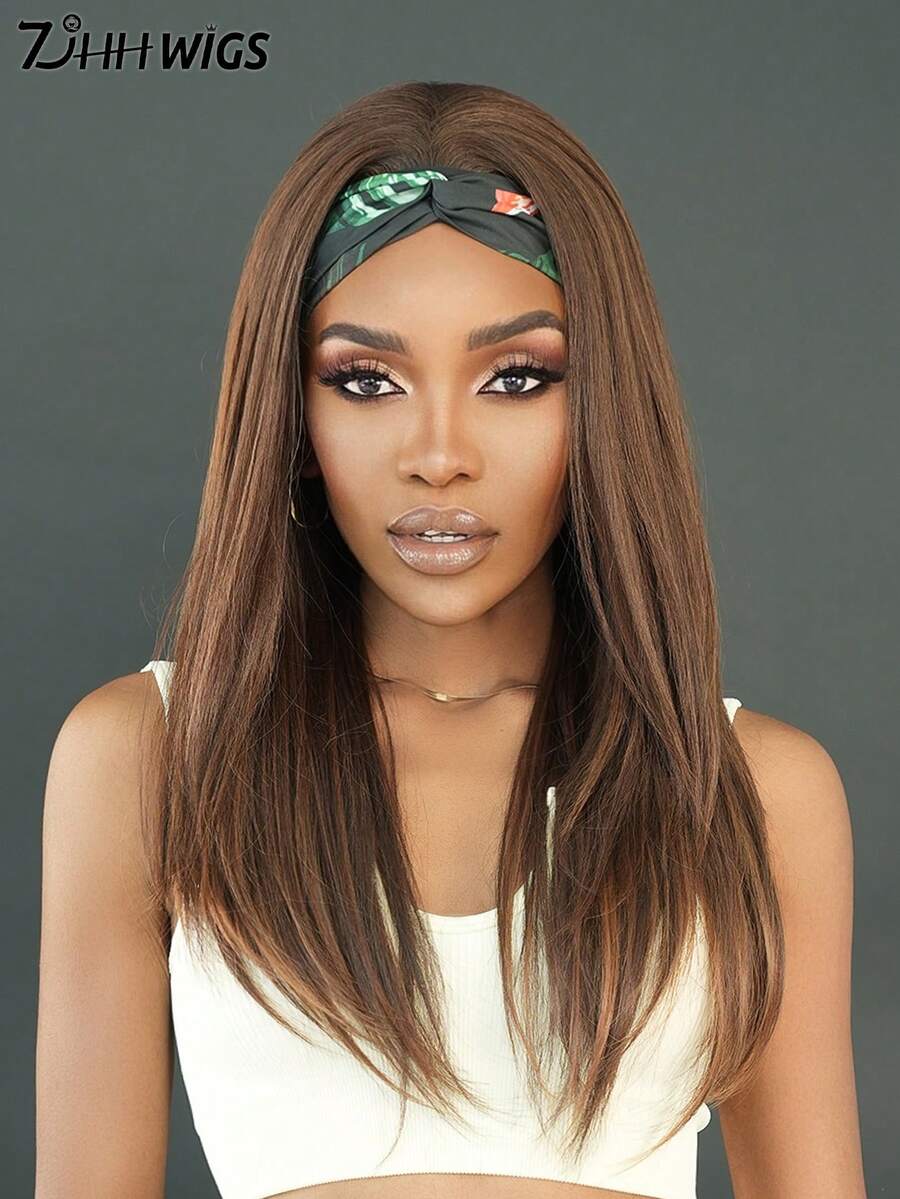 7JHH WIGS Glueless Long Straight Brown Highlight Headband Wig For Women 24 Inch Layered Half Wigs Synthetic Heat Resistant Fiber Hair Band Wig For Daily Wear, Quick Styling, Beginner Friendly Put On And Go - 挑染棕色 - 查看 1