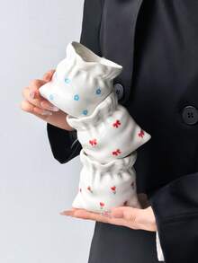 1PC Cute Drawstring Purse Shaped Ceramic Cup, Pocket Shaped Coffee Mug, Mini Heart Bow Flower Pattern Pen Holder, Ins Style Desktop Storage Jar, Can Hold Makeup Brushes, Home Decor Gift - Multicolor - View 11