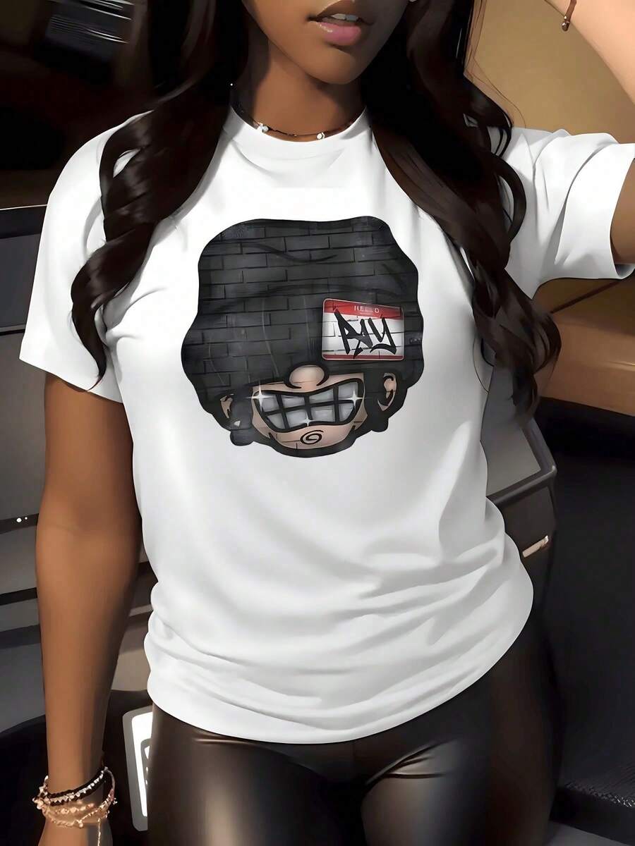 1 Piece Urban Style T-Shirt With Brick Wall Graphic Print, 180g, Urban Art, Women's Casual Crew Neck T-Shirt, 100% Cotton, Hip Hop Fashion - 白色 - 查看 1