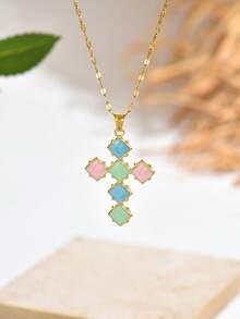 1pc 18k Gold Plated Fresh Style Colorful Enamel Square Cross Necklace, Contrast Candy Color Resin Gold Neck Jewelry, Sweet Jewelry For Daily Summer Outfits, Graduation Season Gift - Gold - View 5