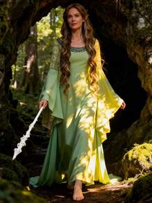 Elf Cosplay Costume Medieval Dress Long Bell Sleeves Round Neck Woven Fabric Stage Performance Women Fantasy Outfit Fall - Green - View 8