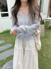 Spring/Summer V-Neck Loose Thin Casual Versatile Sun Protection Knit Cardigan Top For Women - Baby Blue - View 6