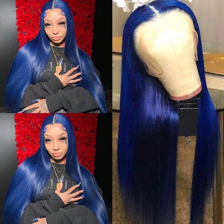 13x4 Free Part Mint Green Long Straight Lace Front Wigs Glueless Long Silky Straight Wigs Pre Plucked HD Lace 180% Density Light Green Wig Soft Free Part Wear And Go Lace Front Wigs For Fashion Women Party & Daily Wear 26 Inch - Dark Blue - 查看 1
