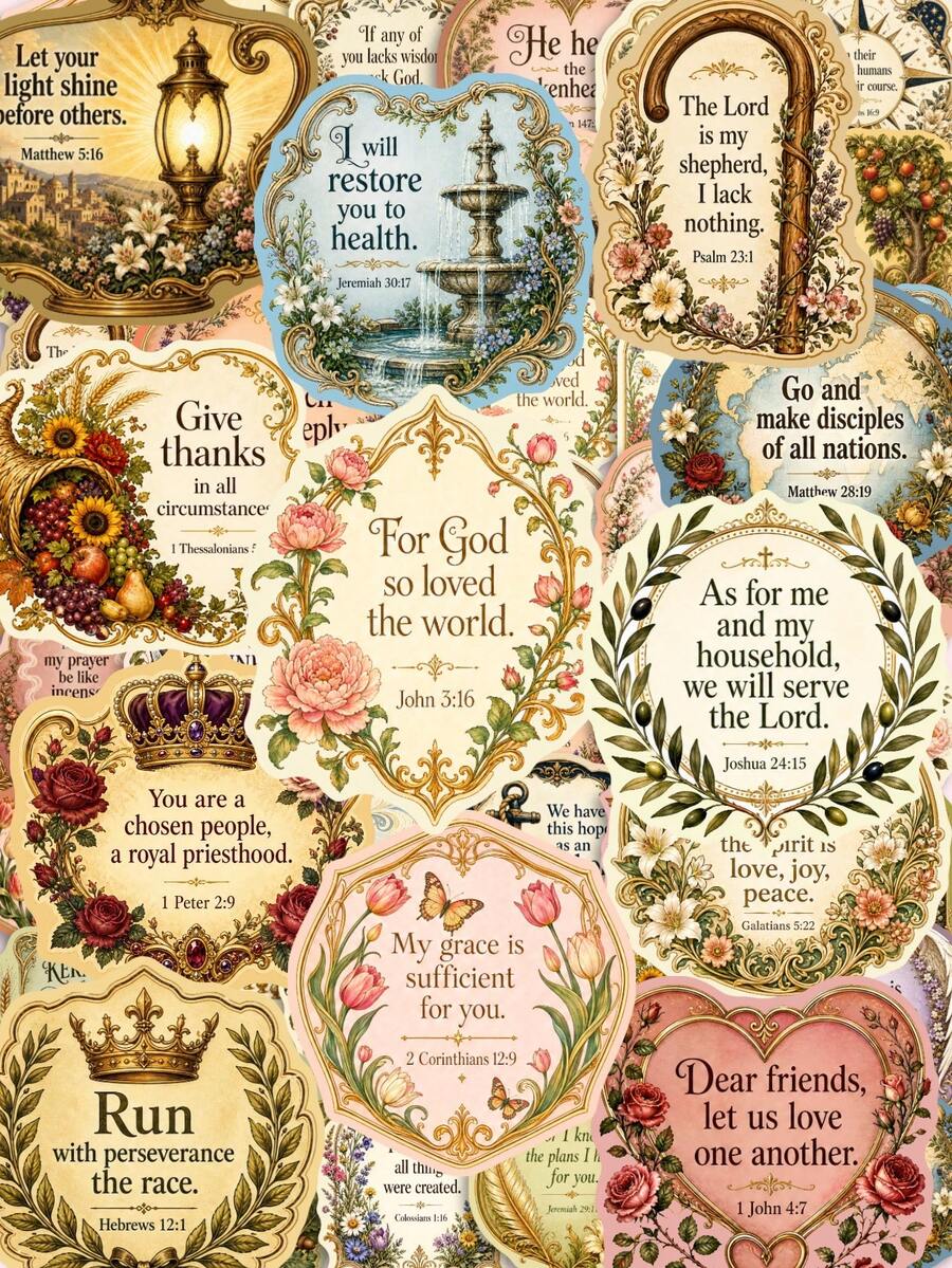 50/100pcs Vintage Victorian Style Bible Verse Stickers, Floral Antique Scripture Decals For Bible Journaling, Scrapbooking, Notebook Decoration, Christian Crafts And Religious Gifts - 7*6*1 - View 1